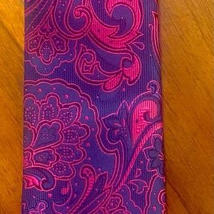 Men’s neck tie, dark blue and metallic pink paisley tie.
